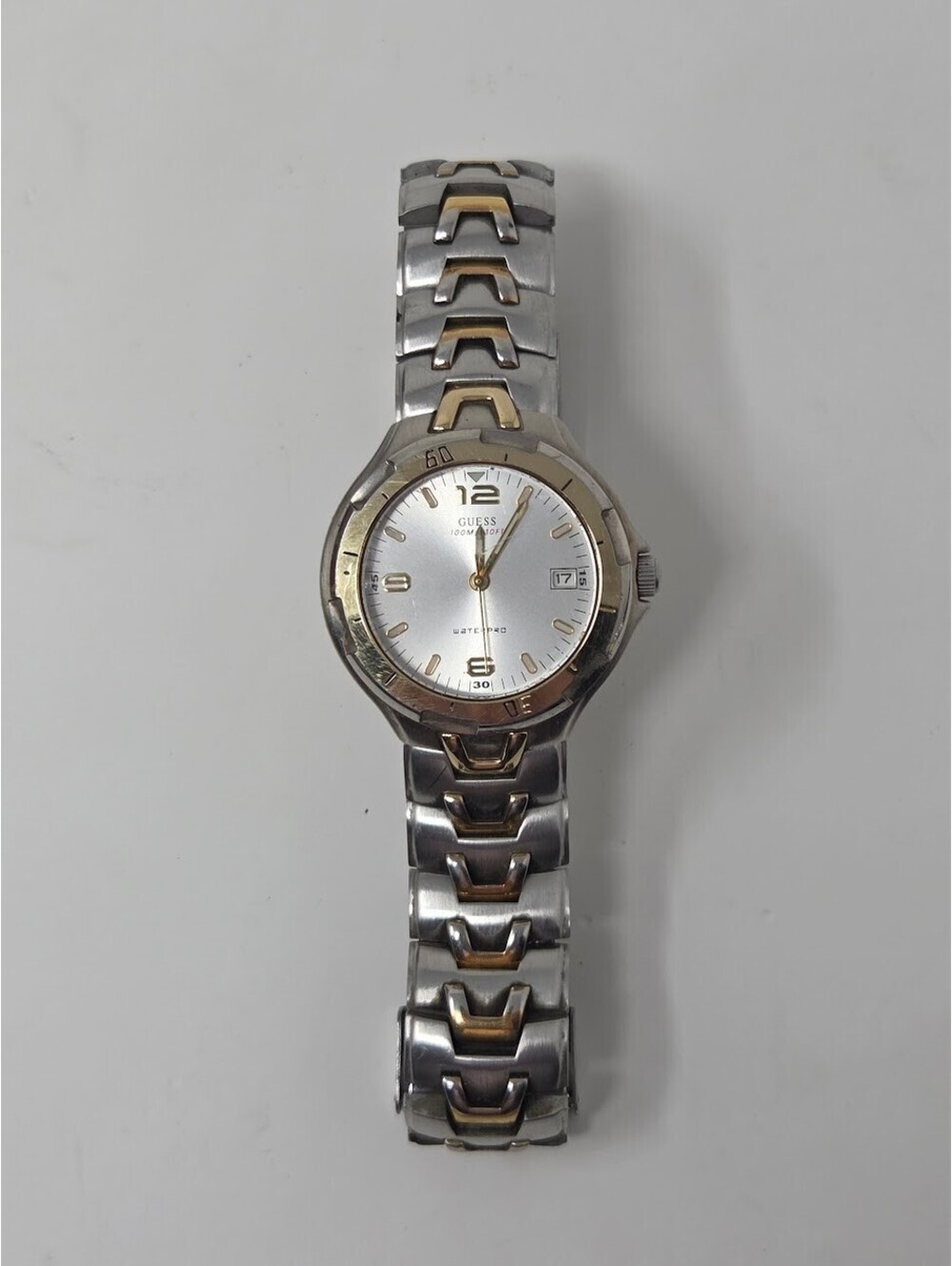 Guess Wristwatch Silver Dial Date Two Tone Bracelet 100M Waterpro Watch